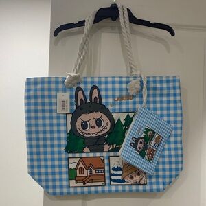 Blue Checkered Tote Bag with Cartoon Design